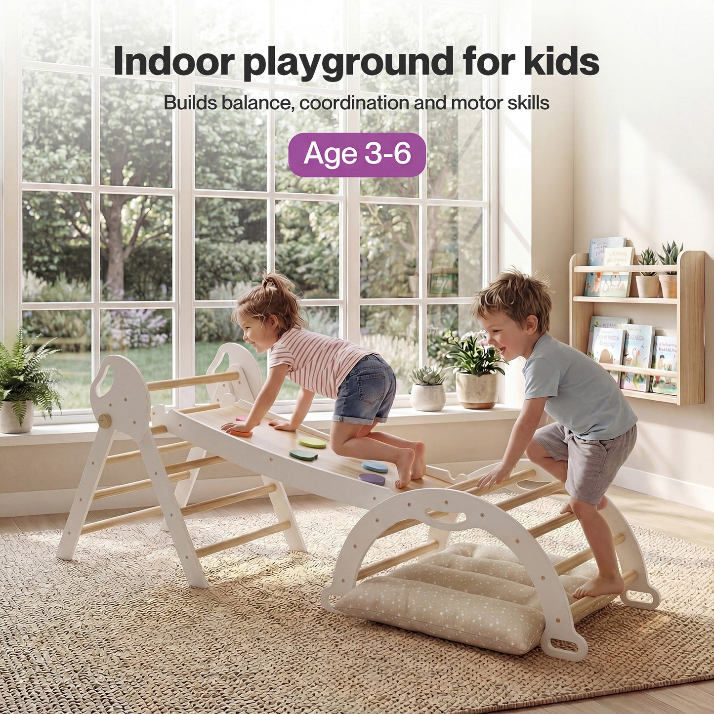 DEKKO 8 in 1 Triangle Climbing Set Kids Wooden Climber with Arch Slide White