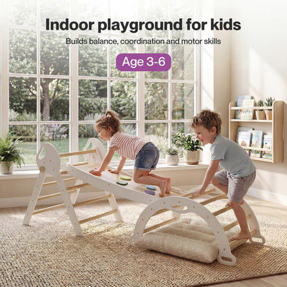 DEKKO 8 in 1 Triangle Climbing Set Kids Wooden Climber with Arch Slide White