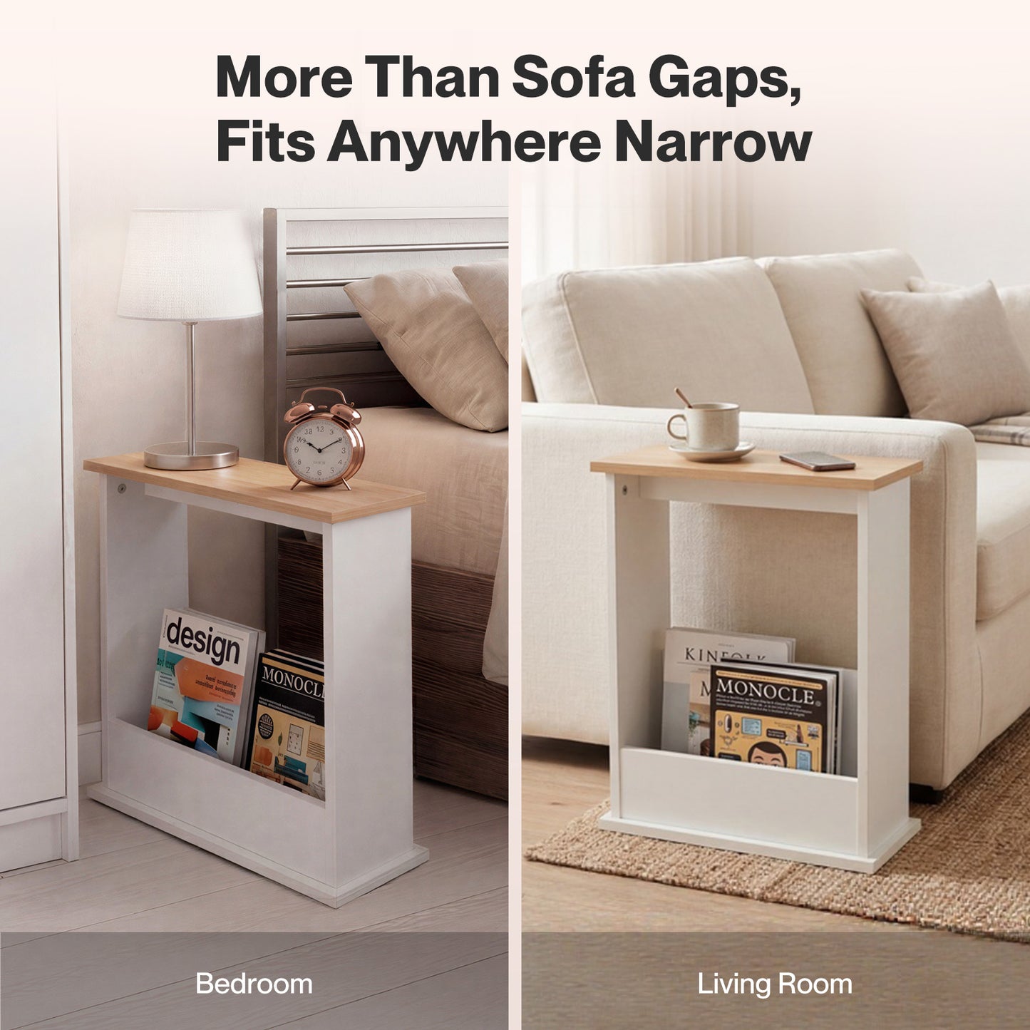 Levede Side Table with Magazine Rack Slim End Table For Living Room Natural