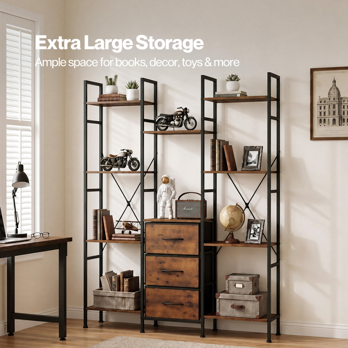 Levede Book Shelves 10 Open 3 Fabric Drawers Tall Storage Unit for Office Brown