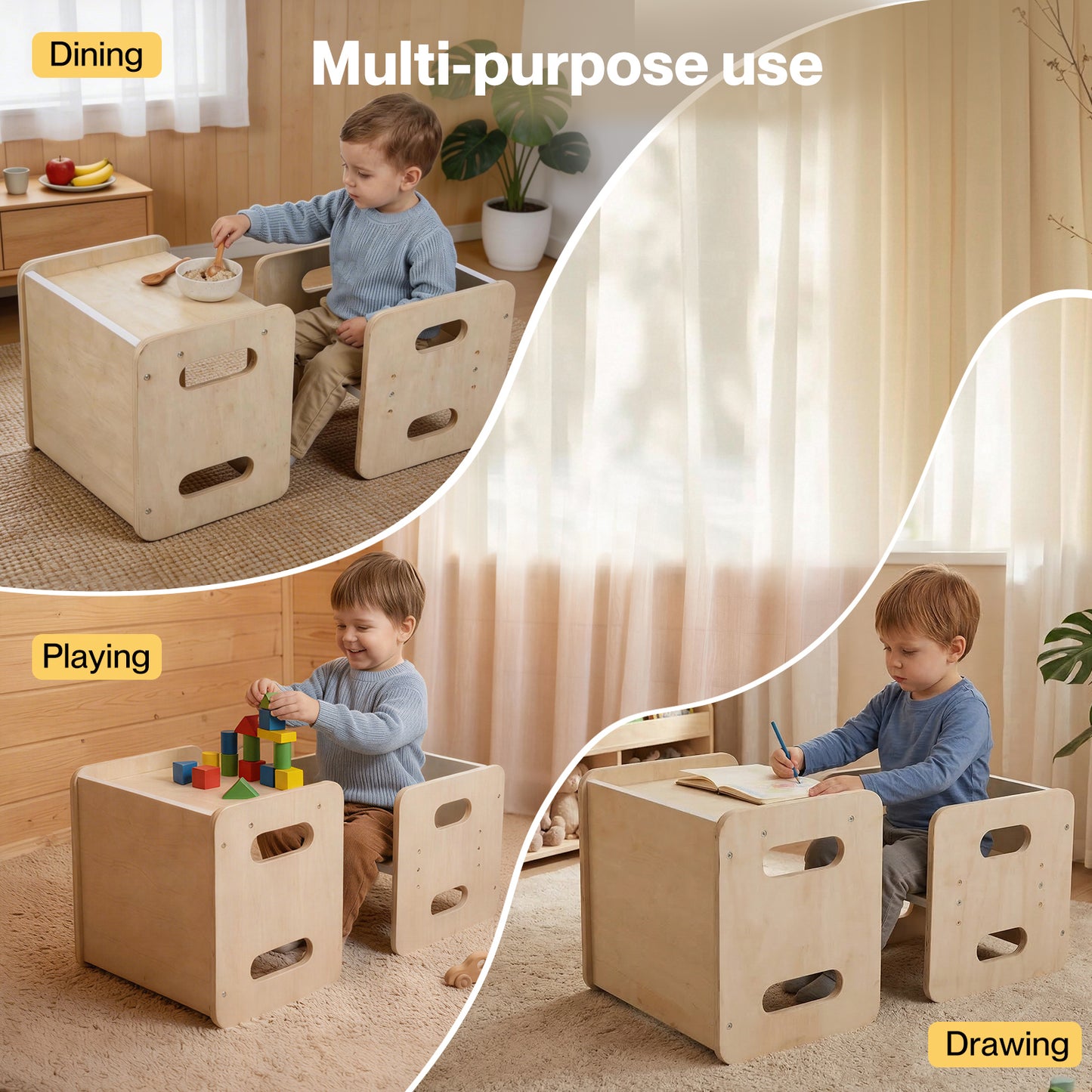 Levede Kids Table And Chair Sets 3-in-1 Adjustable Baby Safe Plywood Light Brown