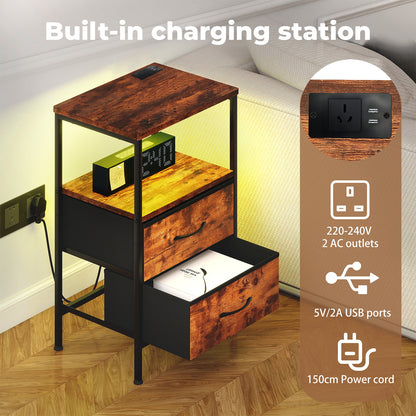 Levede LED Bedside Table 2 Drawers USB Ports Sofa End Table in Brown Black