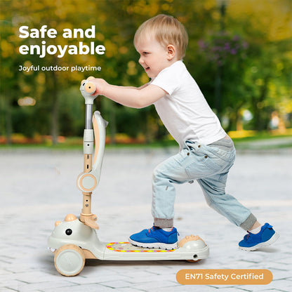 Dekko Foldable Kids Scooter Flip-able Seat Adjustable Height LED Light Beige