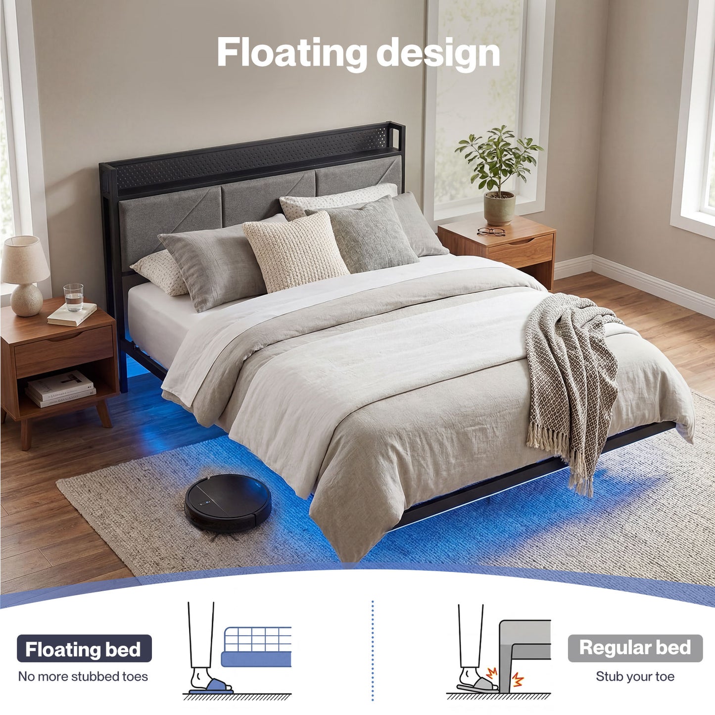 Levede Floating Bed Frame Double LED Lights Upholstered USB Storage Headboard