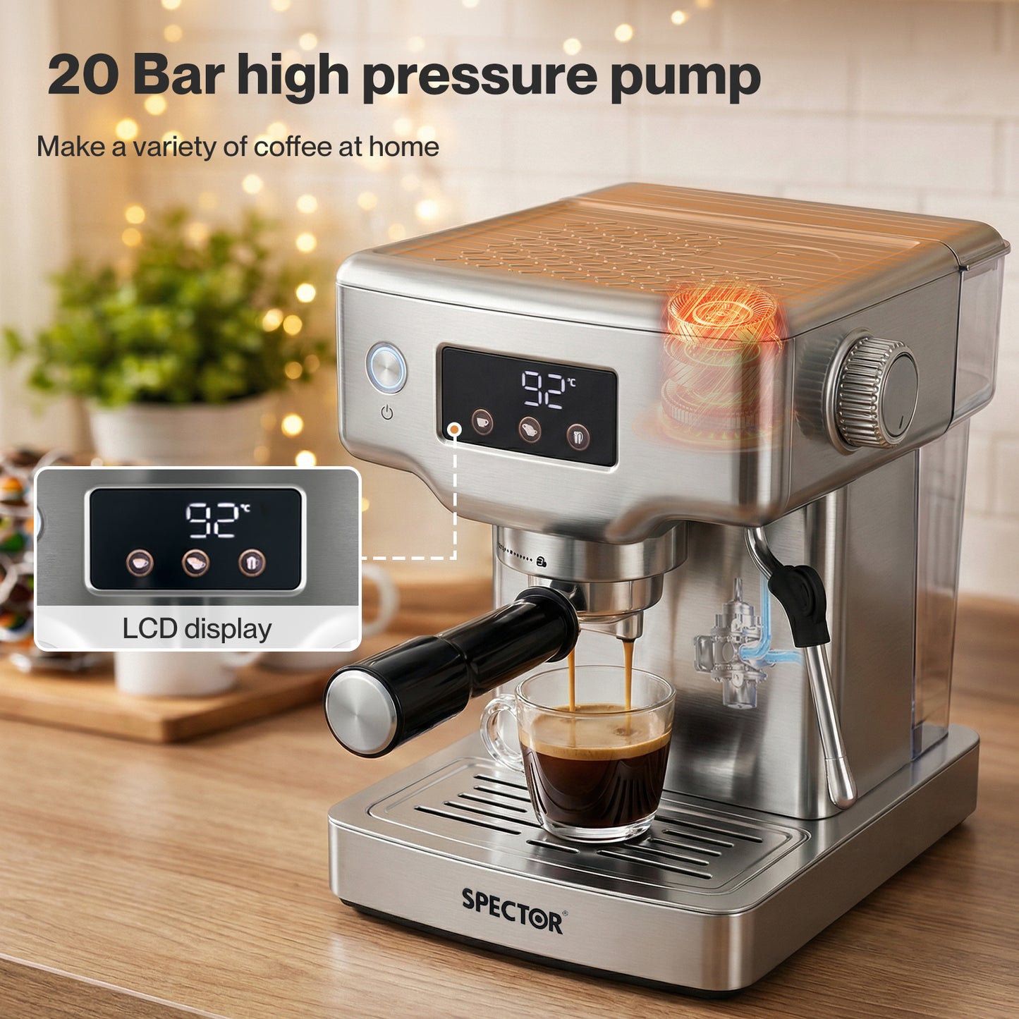 Spector 20 Bar Espresso Coffee Machine Maker Milk Frother Cappuccino Latte Cafe