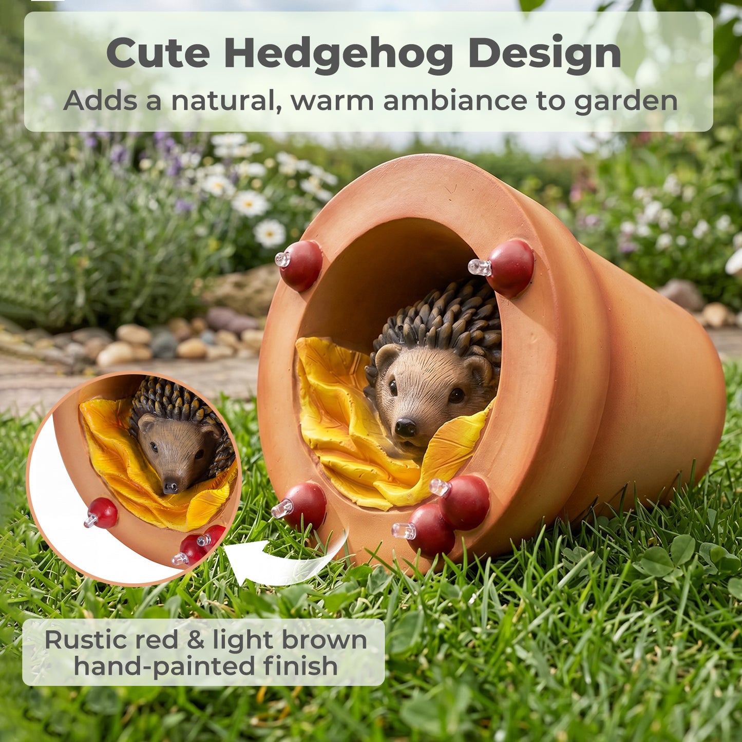 Emitto Garden Ornaments Solar Hedgehog Statue LED Outdoor Decor Patio Brown