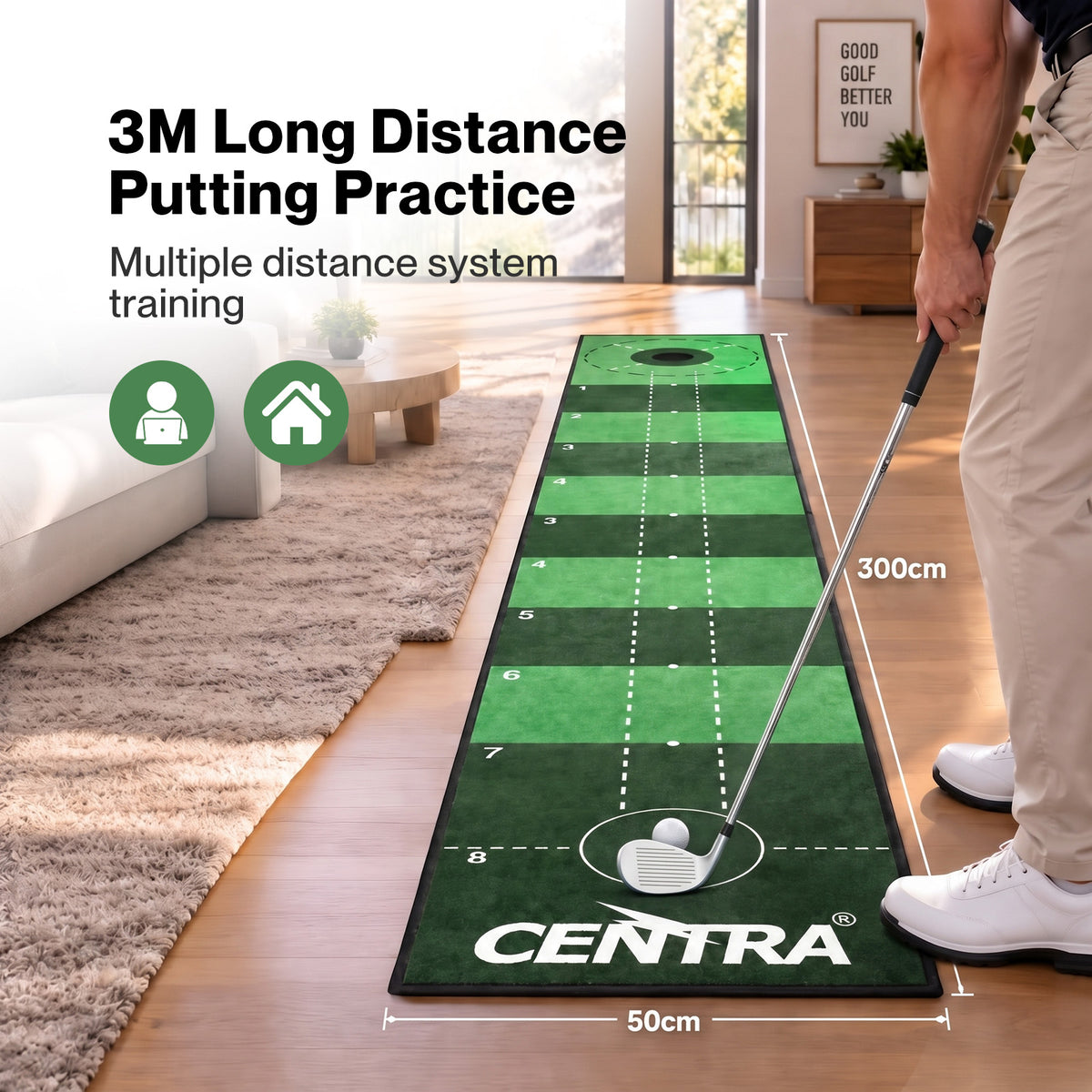 Centra Golf Putting Mat 3m Indoor Practice Non Slip Backing for Office Green