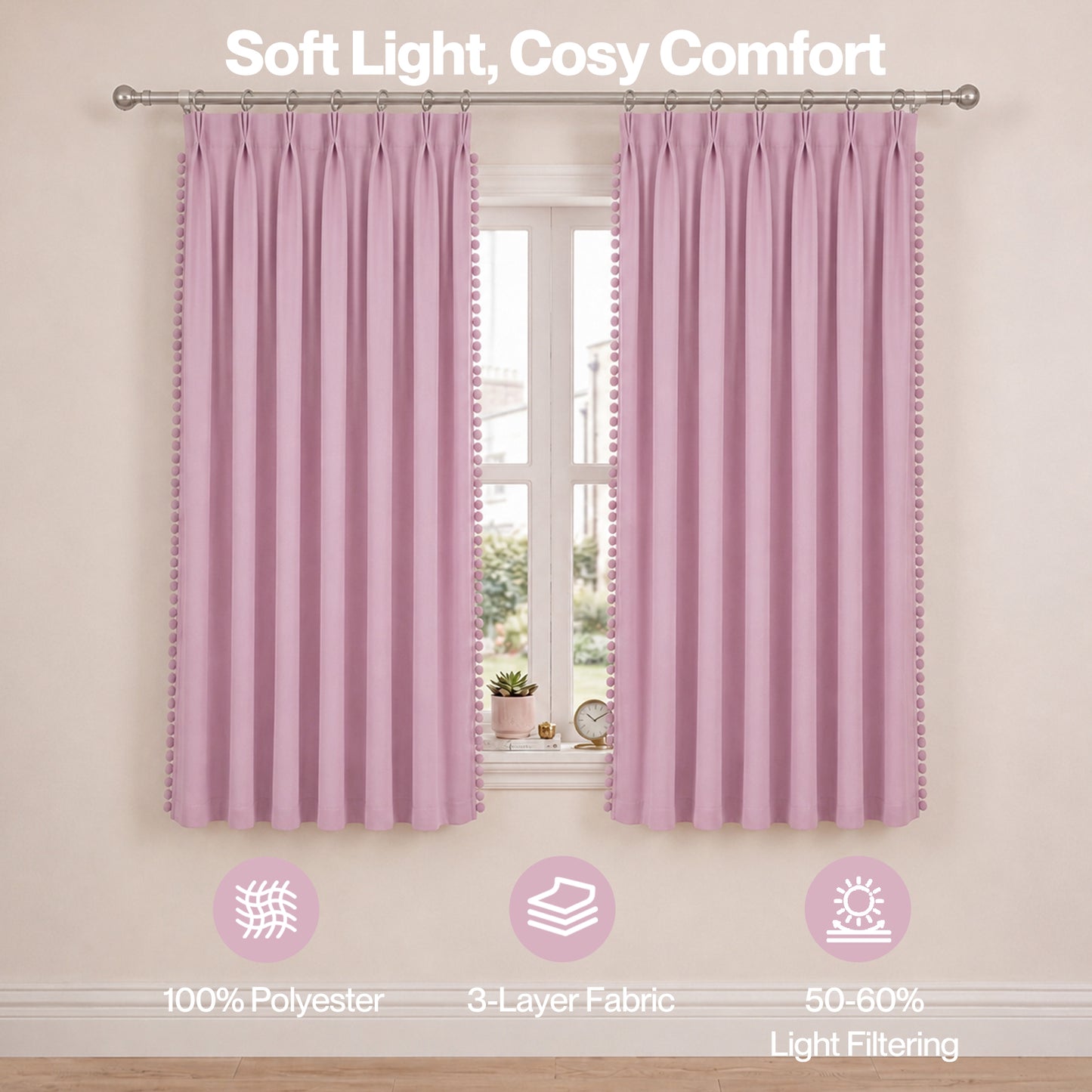 Marlow Pink Pom Pom Curtains for Nursery Baby Girls Room 46"x54" in Pink