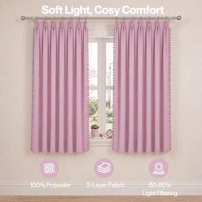 Marlow Pink Pom Pom Curtains for Nursery Baby Girls Room 46"x54" in Pink