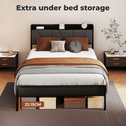 Levede Bed Frame Metal Platform Upholstered Headboard with Storage Single Double