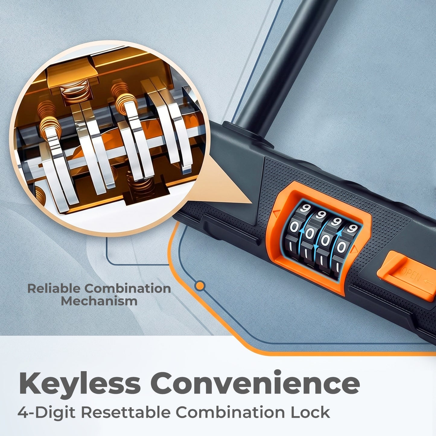Bike Lock Combination D Lock with Cable 4 Digit Alloy Steel Black Orange