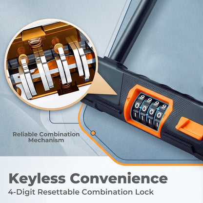 Bike Lock Combination D Lock with Cable 4 Digit Alloy Steel Black Orange