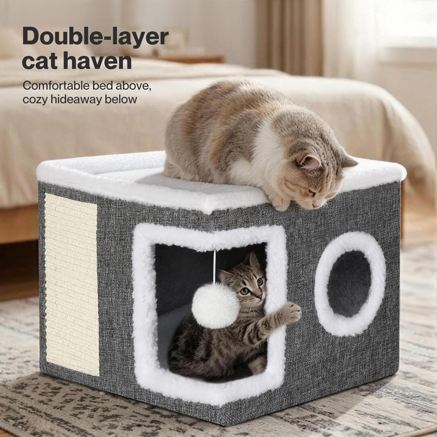 Skylos Cat House Indoor Cat Cave with Scratch Pad Fluffy Ball Pet Bed Foldable