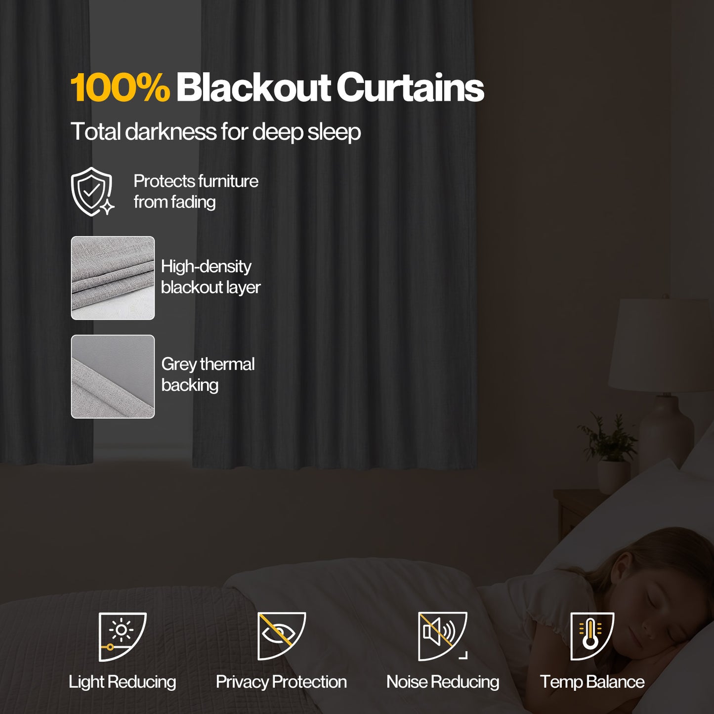 Marlow 100% Blackout Curtains Thermal Linen Look Pair Ready Made 46x54 in Grey