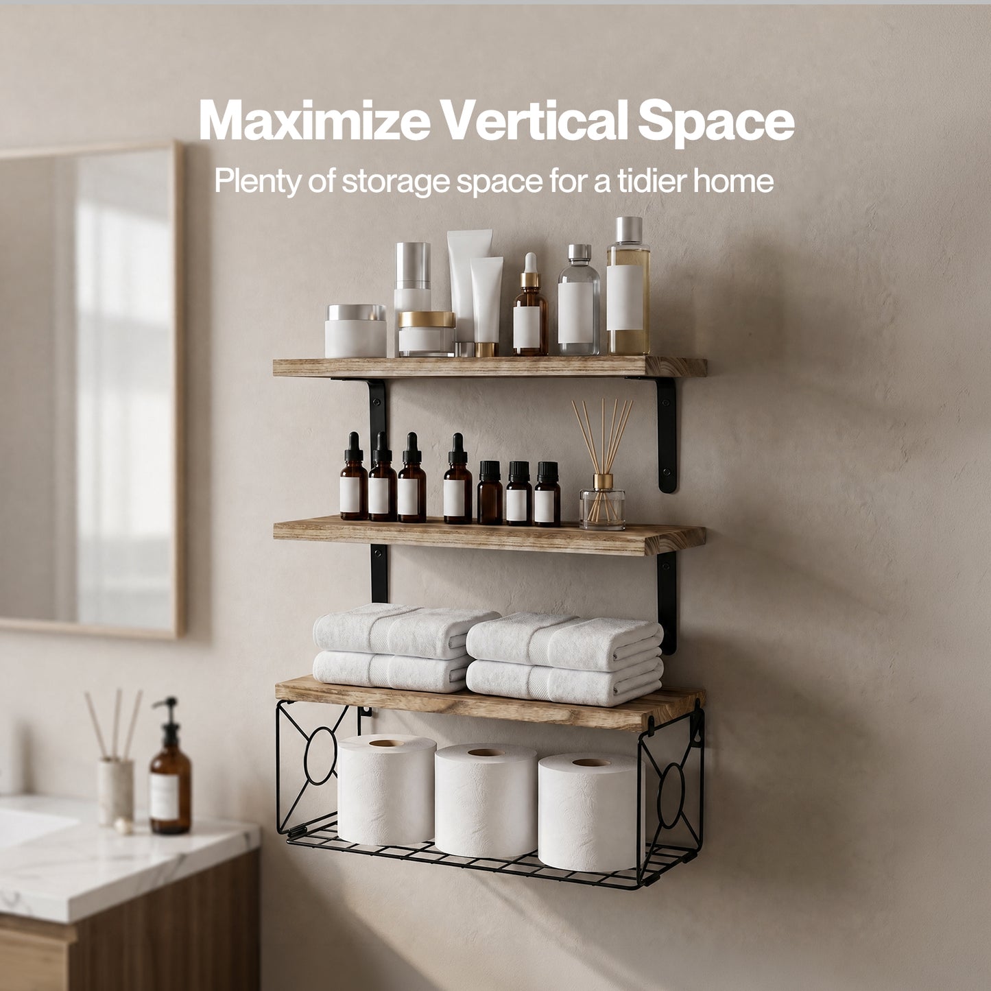 Levede Wood Floating Shelves 3 Tier Bathroom Wall Shelves with Storage Basket