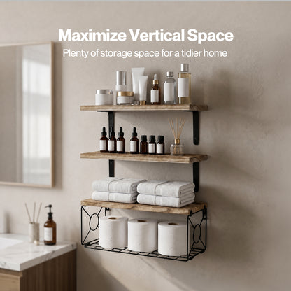Levede Wood Floating Shelves 3 Tier Bathroom Wall Shelves with Storage Basket