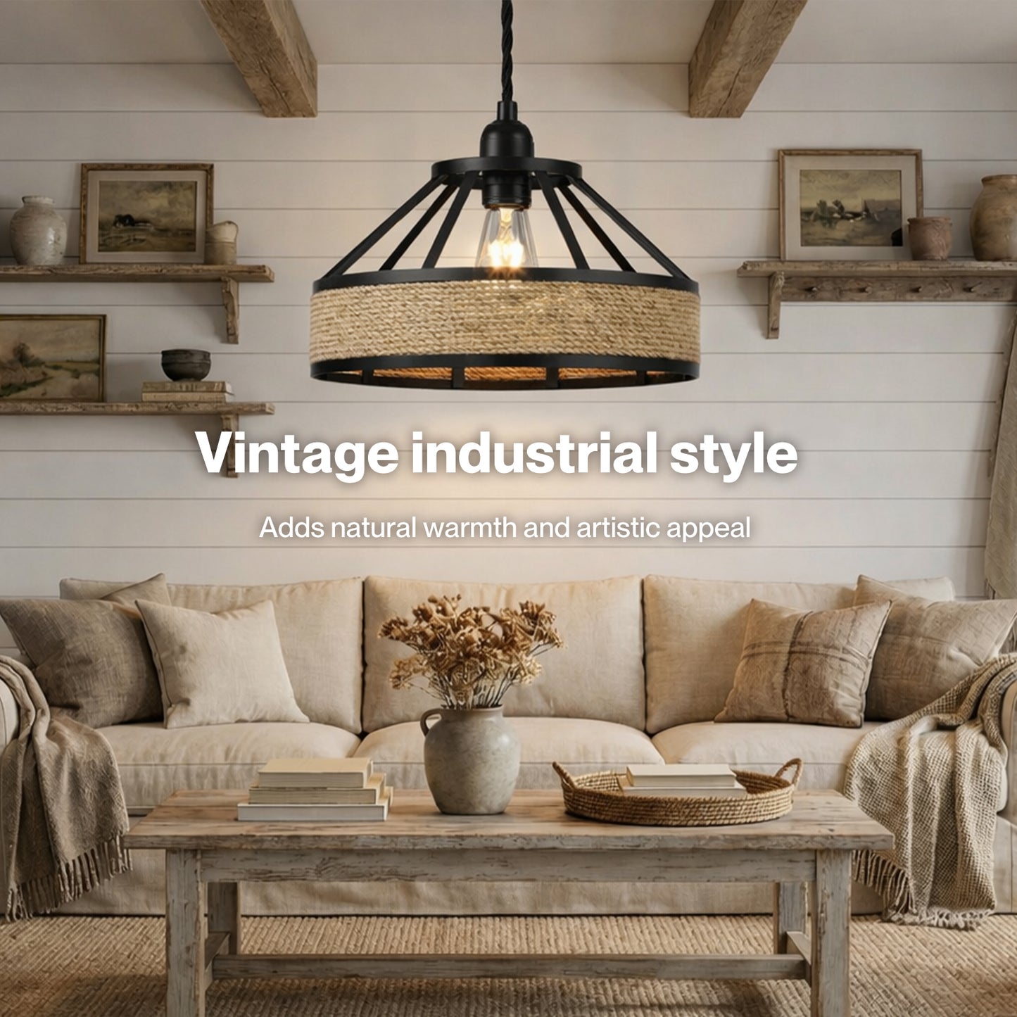 Emitto Modern Ceiling Pendant Light Shade Industrial Hemp Rope Lamp Shade 30cm