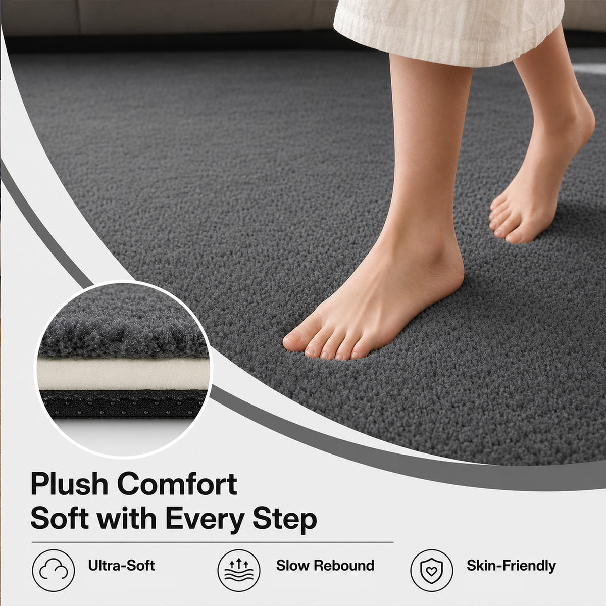Marlow Rugs Living Room Faux Wool Carpet Rebound Foam Non Slip Washable Grey