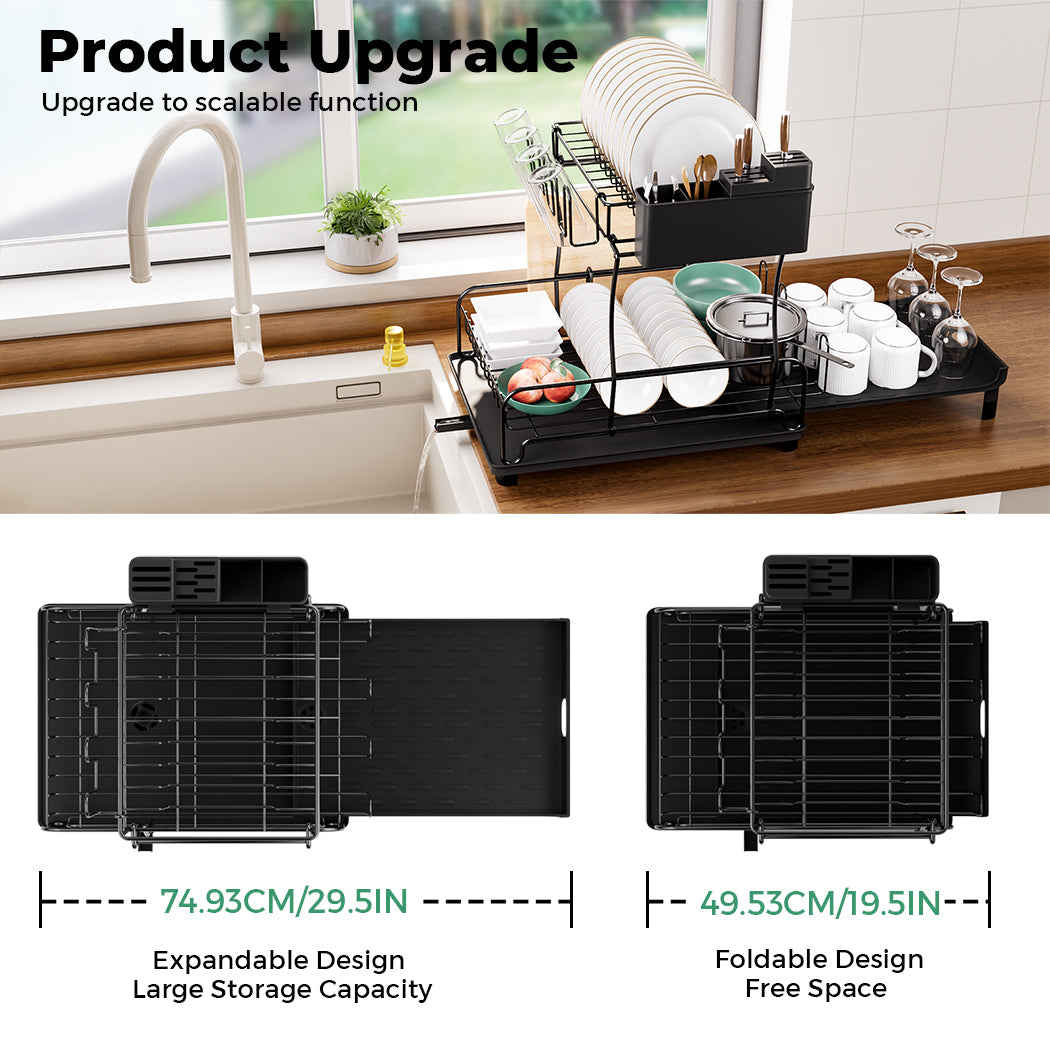 Toque Expandable Dish Drainer Rack 2 Tier Cutlery Plate Holder with Drip Tray