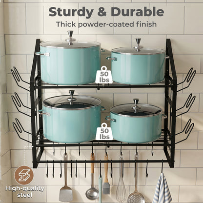 TOQUE Pot Rack Kitchen Storage Organiser Shelf Pan Rack 20 Hooks Lid Holders