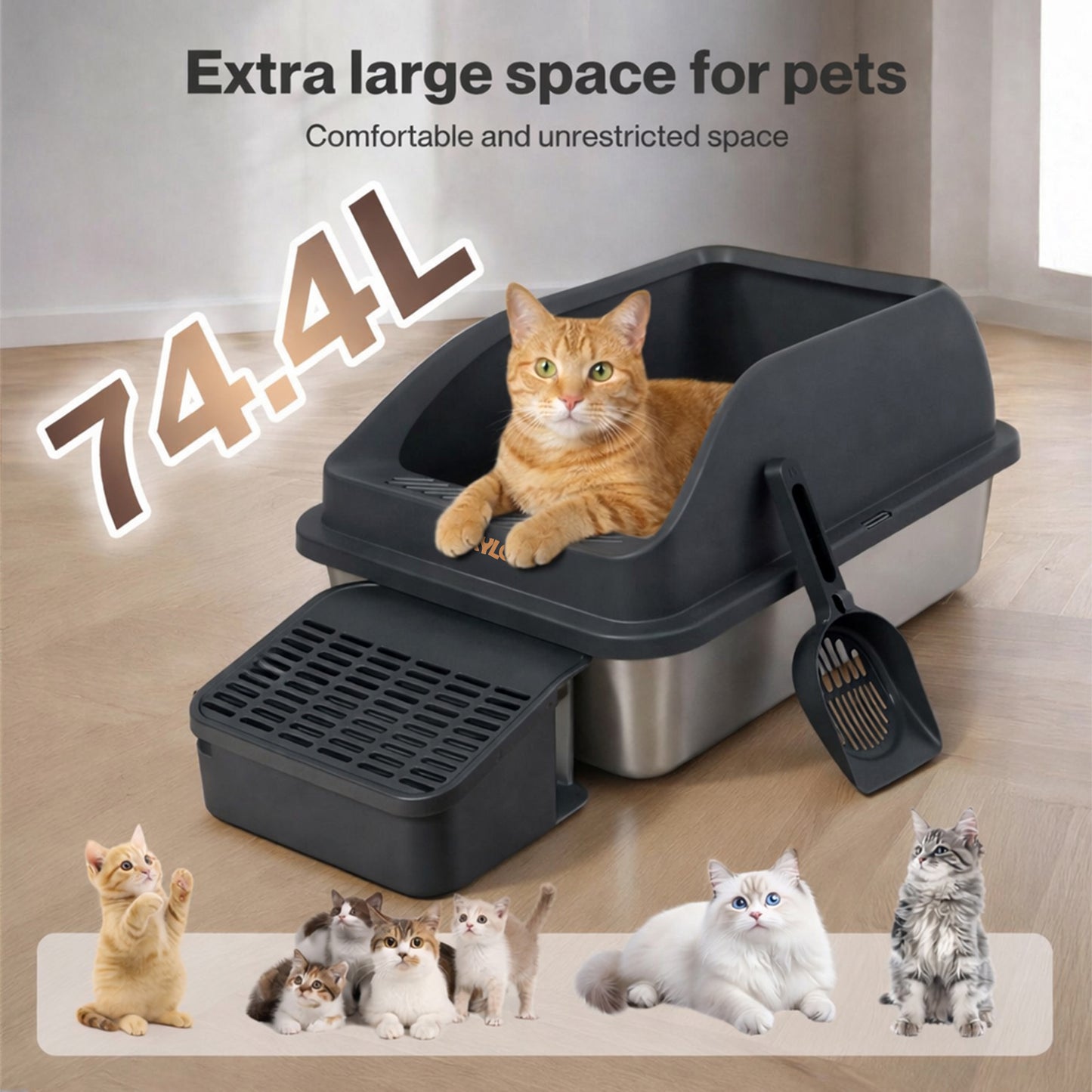 Skylos Stainless Steel Cat Litter Box Big Cats Kitten High Sided Easy Clean Grey