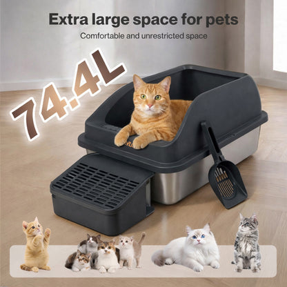 Skylos Stainless Steel Cat Litter Box Big Cats Kitten High Sided Easy Clean Grey