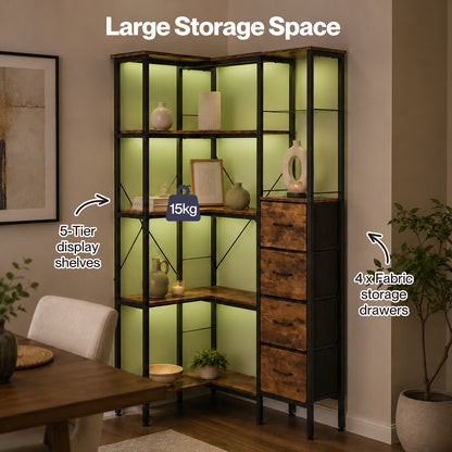 Levede Corner Bookcase with 4 Fabric Drawers & LED Light 5 Tier Bedroom Rustic