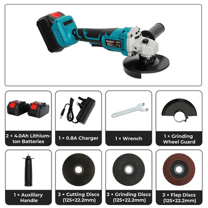 Traderight 125mm Electric Cordless Brushless Angle Grinder 21V 2x4.0Ah Battery