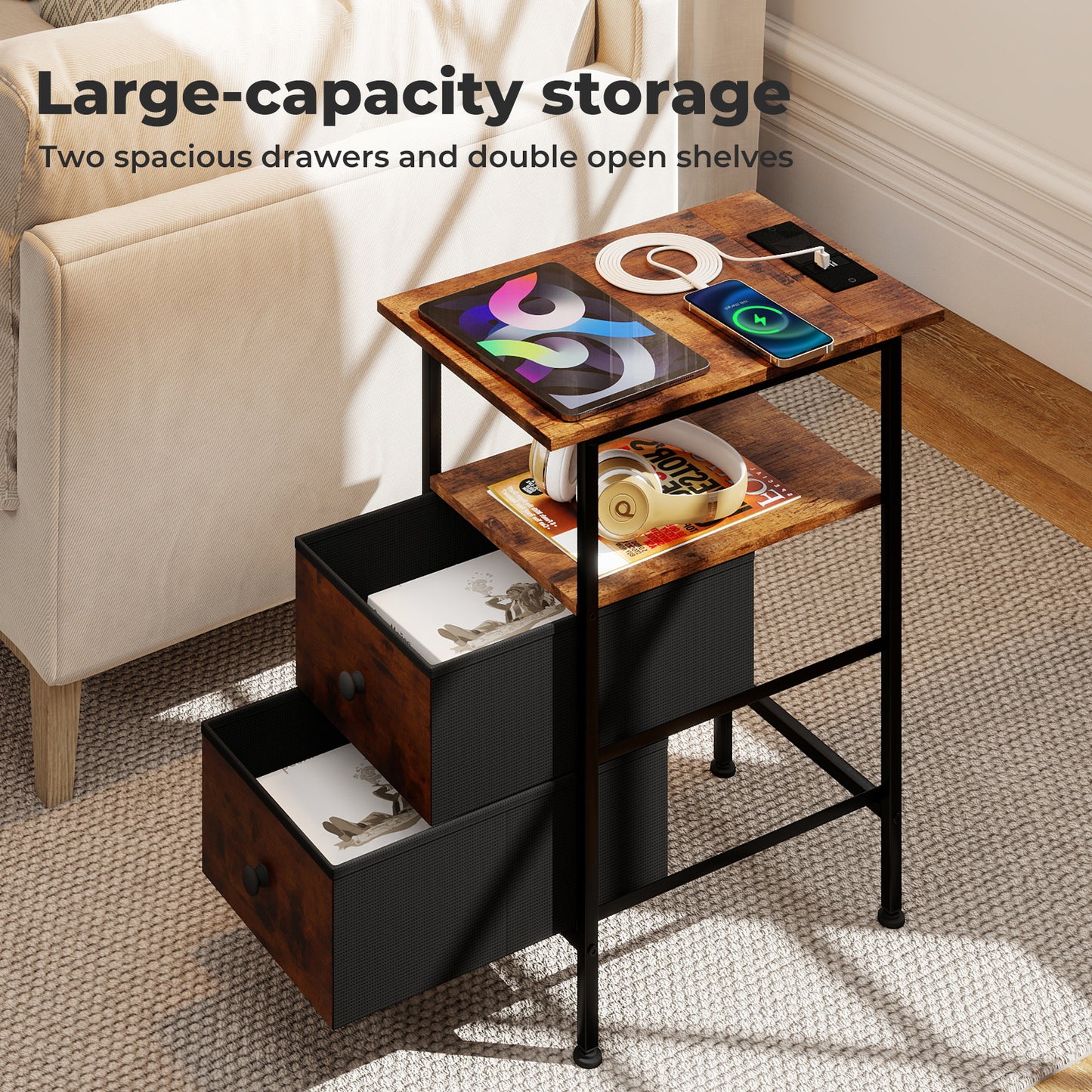 Levede Bedside Table Side Cabinet Storage Nightstand Charging Station 2 Drawers