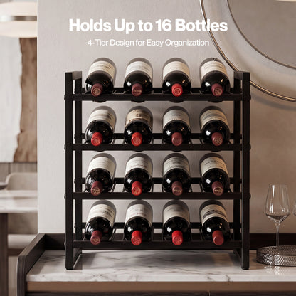 Levede 16 Bottle Wine Rack Countertop Wine Storage Organiser 4 Tier Metal Black