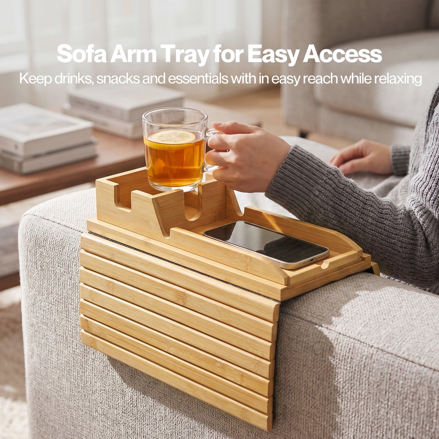 Levede Sofa Arm Tray Table 2 in 1 Bamboo Couch Armrest Organiser Cup Mug Holder