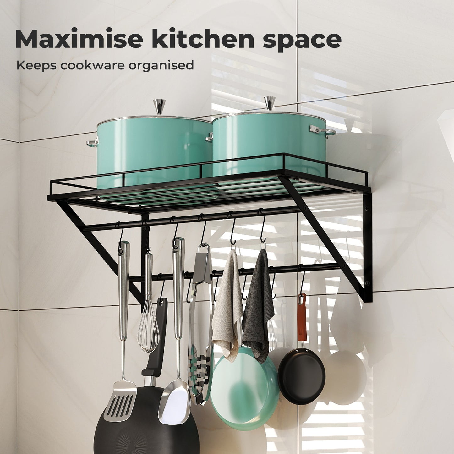 Toque Wall Mounted Pot Pan Rack Multipurpose Utensil Rail Holder Shelf 12 Hooks