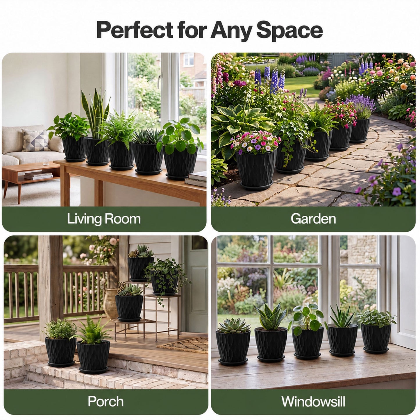 TOQUE Plant Pots 5Pc 20cm Plant Pots Indoor Drainage PP Plastic Black