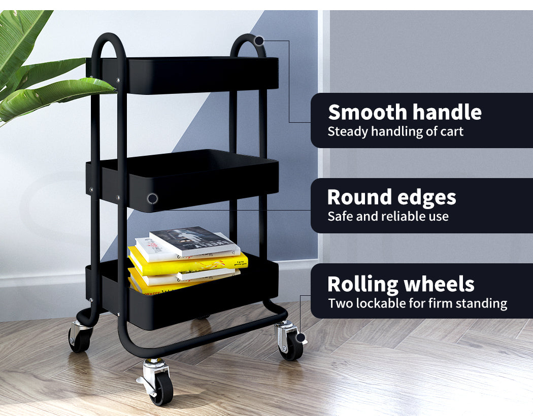 Levede 3 Tiers Kitchen Trolley Cart Steel Storage Rack Shelf Organiser Black