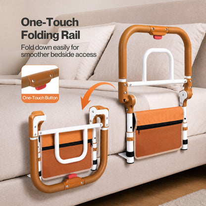 Levede Bed Rail Foldable 2 Handle Adjustable Height Non-Slip Grip Pocket Orange