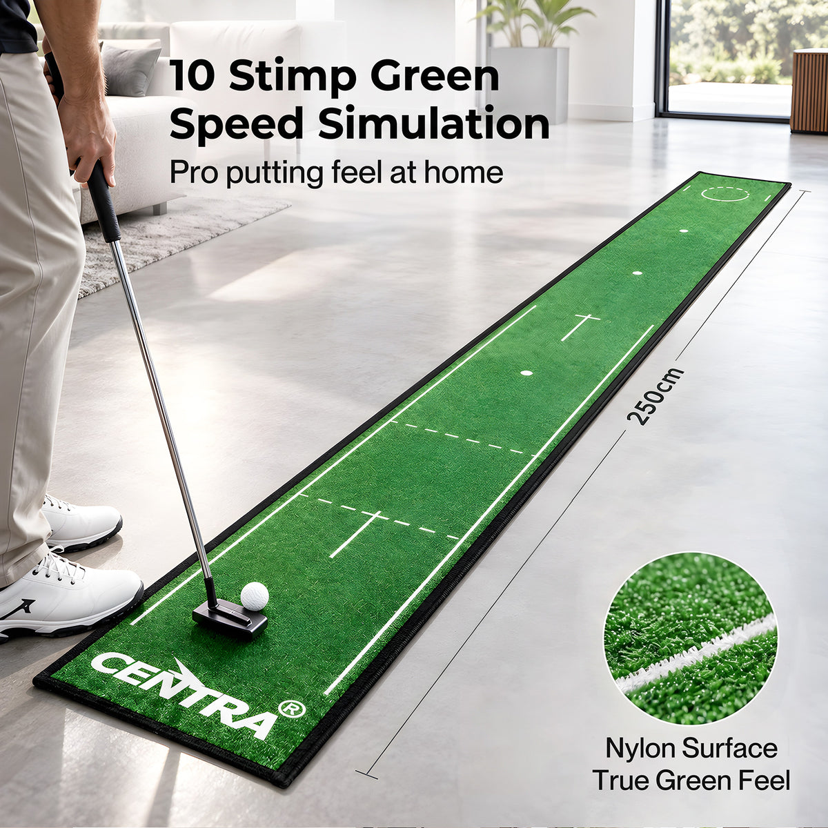 Centra Golf Putting Mat 250cm Nylon Surface 10-Speed Roll Indoor Outdoor Green