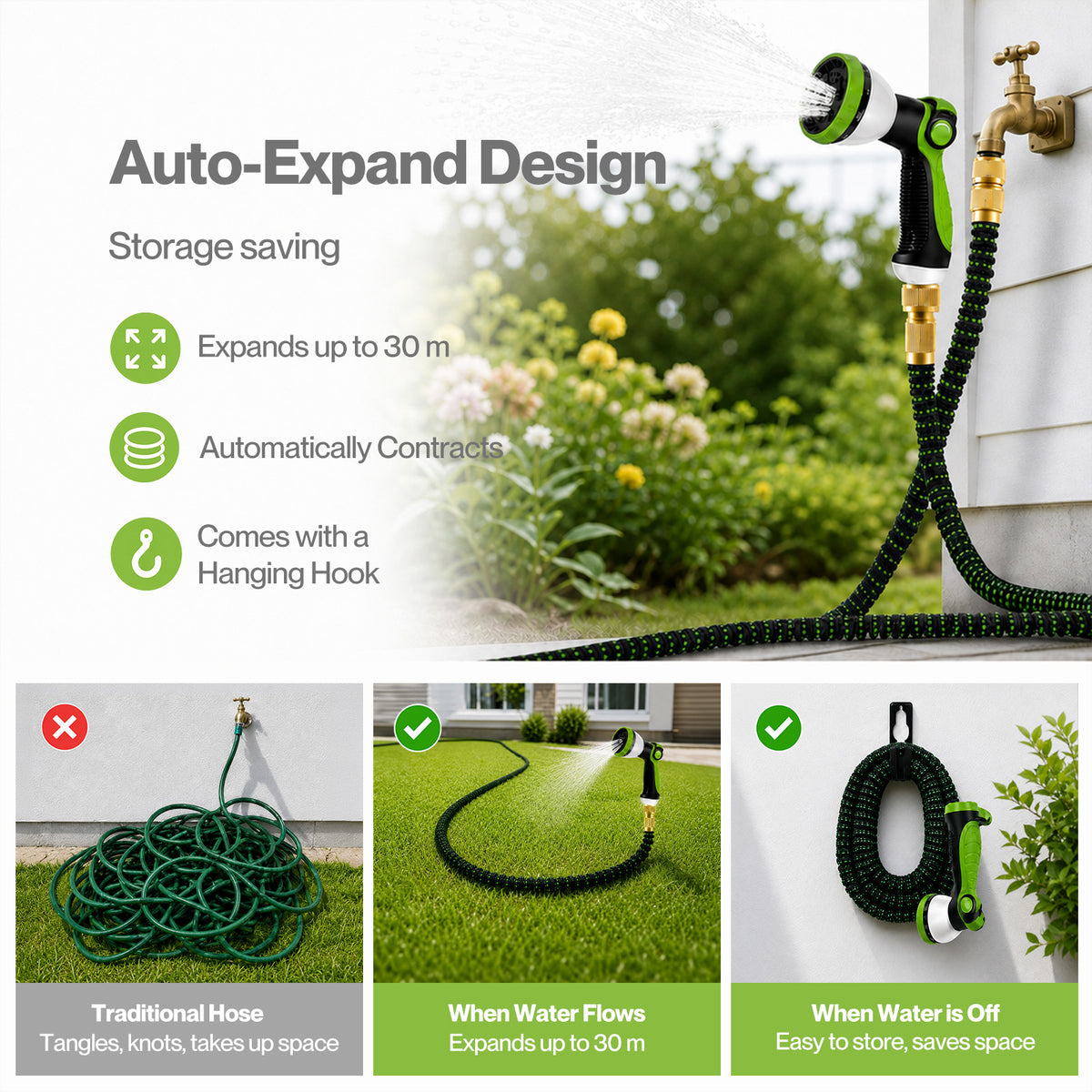 Traderight Expandable Garden Hose 10-Pattern Nozzle Kink-Free Green
