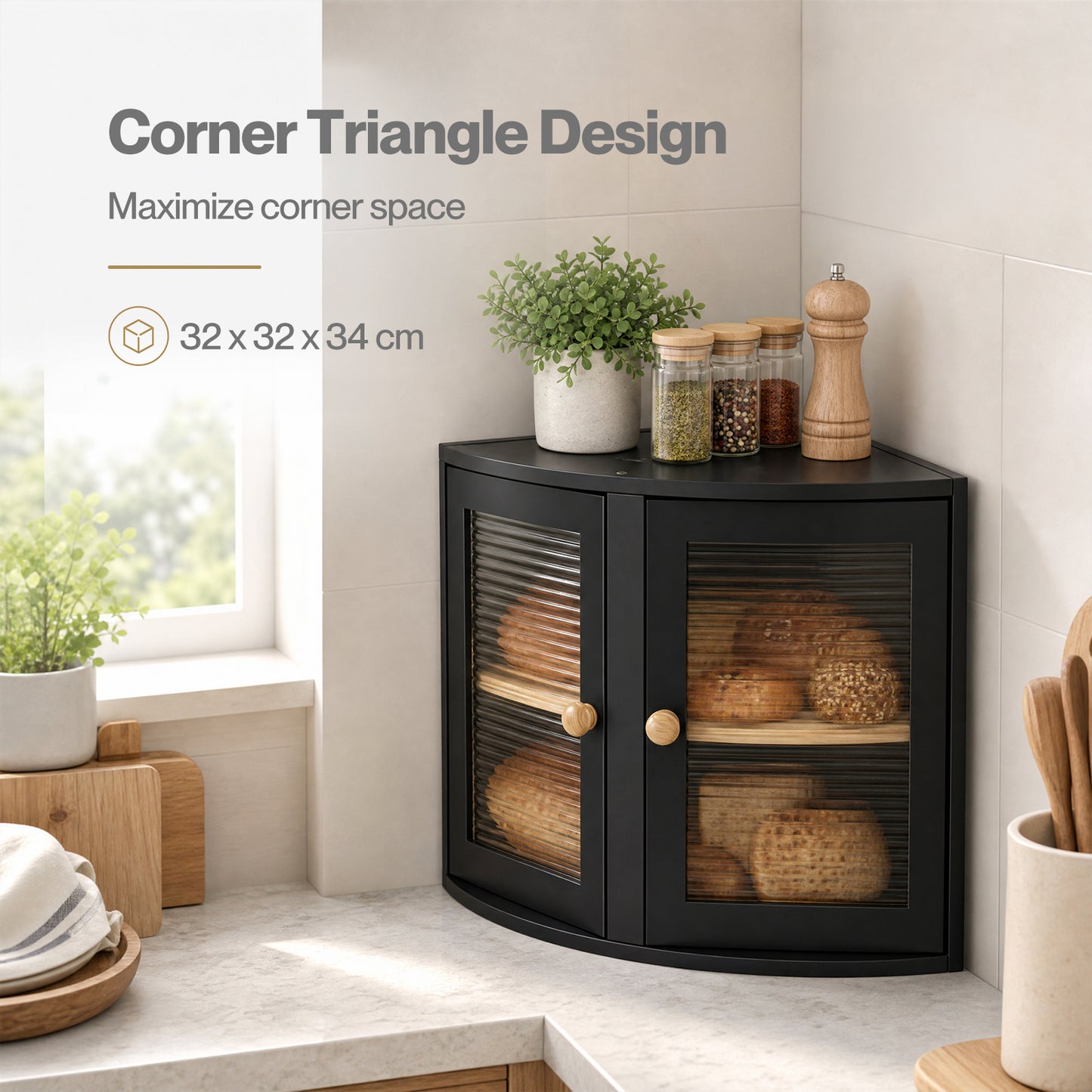 Bread Bin  Corner Bread Bin for Kitchen  Double-Layer Bamboo Box  Black
