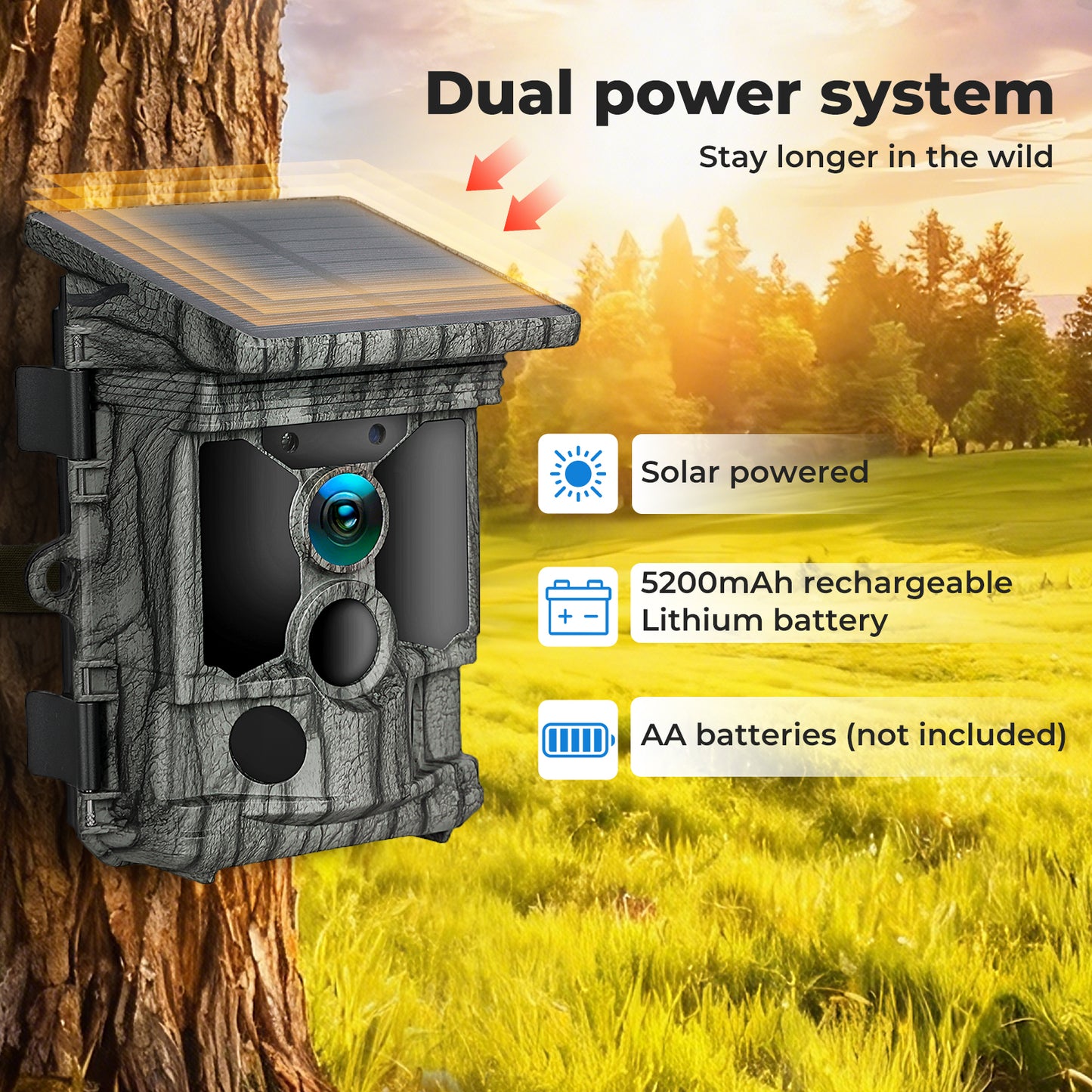 Centra Solar Trail Camera 4K 112MP Hunting Game Cam Wifi Bluetooth 64GB Card