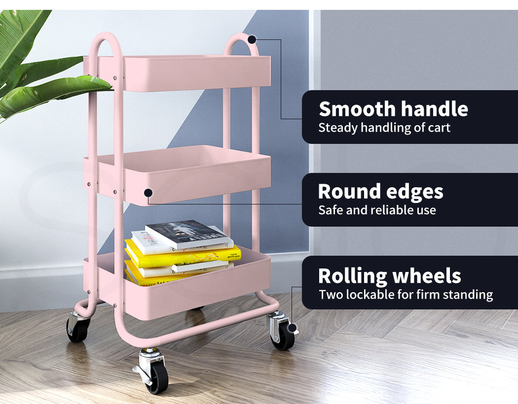 Levede 3 Tiers Kitchen Trolley Cart Steel Storage Rack Shelf Organiser Pink