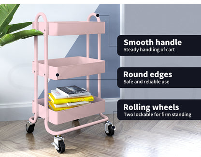 Levede 3 Tiers Kitchen Trolley Cart Steel Storage Rack Shelf Organiser Pink