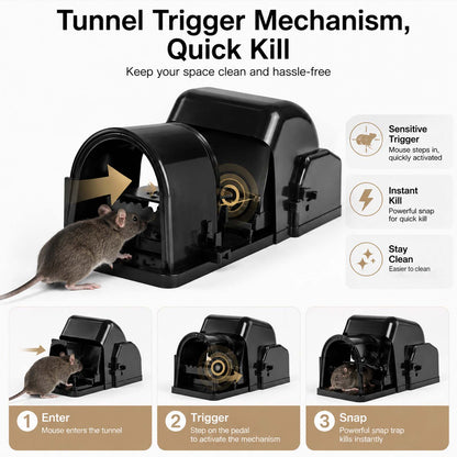 TOQUE Mouse Trap Quick Tunnel Catch Safe Reusable Indoor for Kitchen Black 4pc
