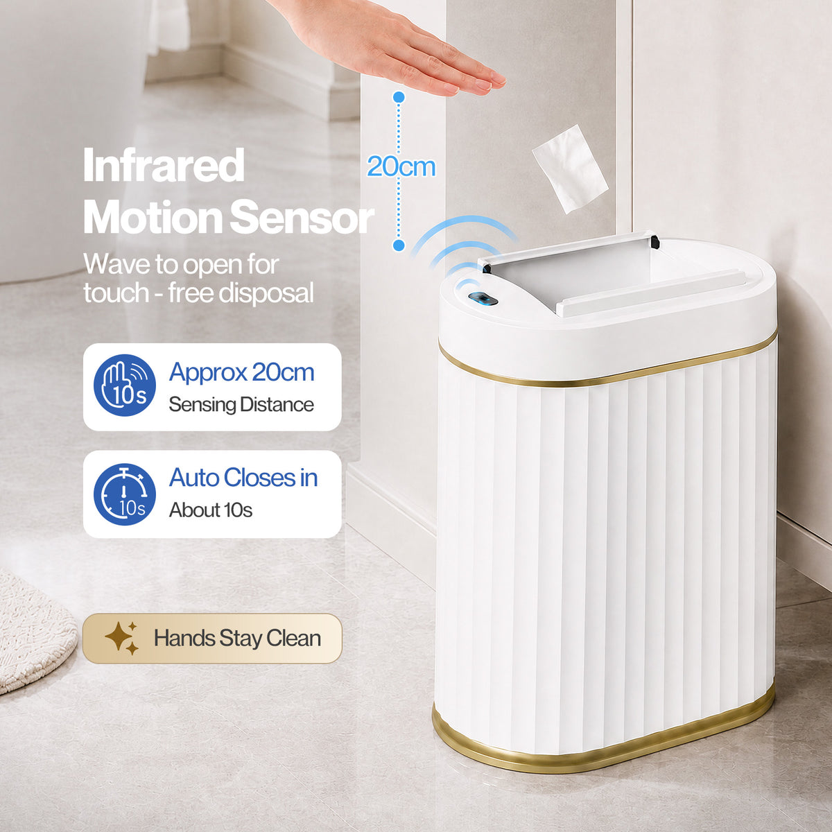 TOQUE Sensor Rubbish Bin 7L Touchless Silent Butterfly Lid for Bedroom White