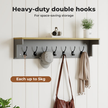 Levede Coat Rack Wall Mounted 7 Double Hooks Wood Entryway Hallway Storage Shelf
