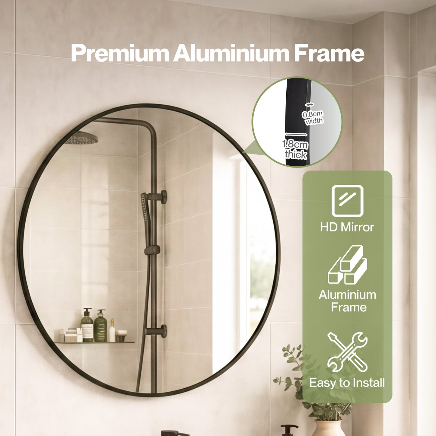 Yezi Wall Mirror Round Mirror Tempered Glass HD Make Up Mirror Bathroom 60cm