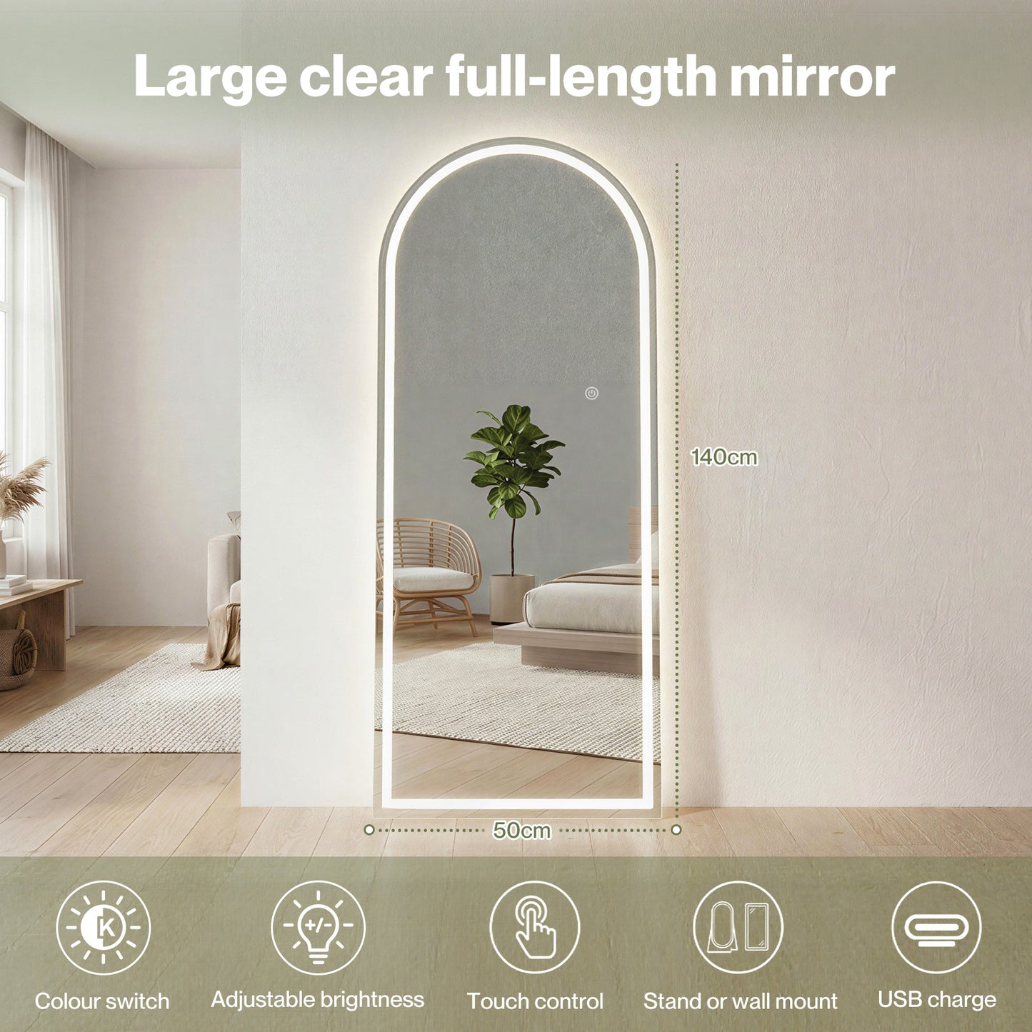 Yezi Full Length Mirror Arched LED Touch Buttons Light-Adjustable 140x50cm White