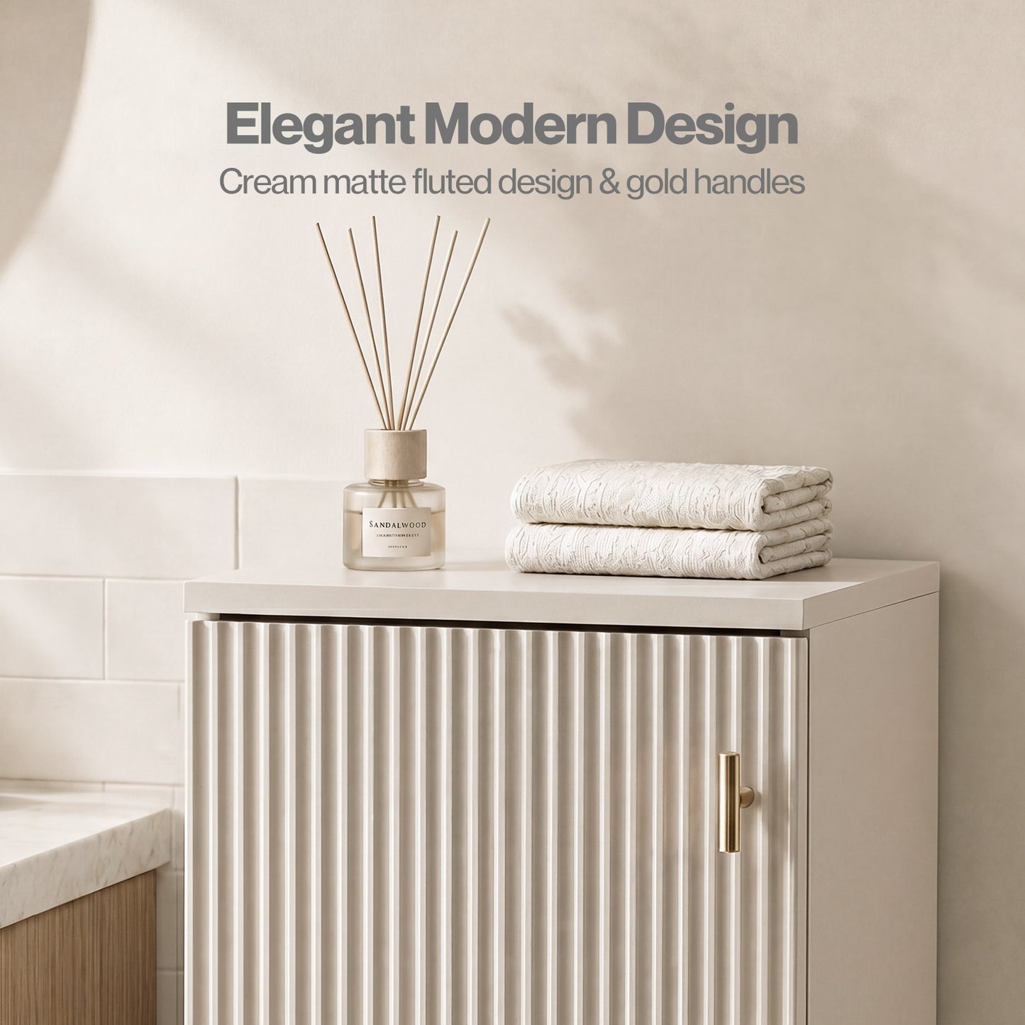 Levede Slim Bathroom Cabinet Tall Fluted Storage Cupboard Adjustable Shelf Cream