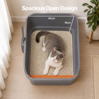 Skylos Cat Litter Tray Spacious High Sided Low Entry Open Pan for Cats Grey
