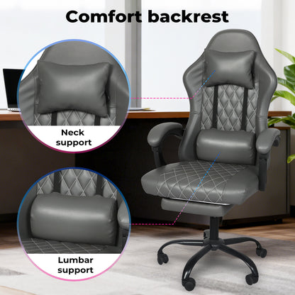 Levede Office Desk Chair PU Gaming Recliner Adjustable Height Swivel Grey
