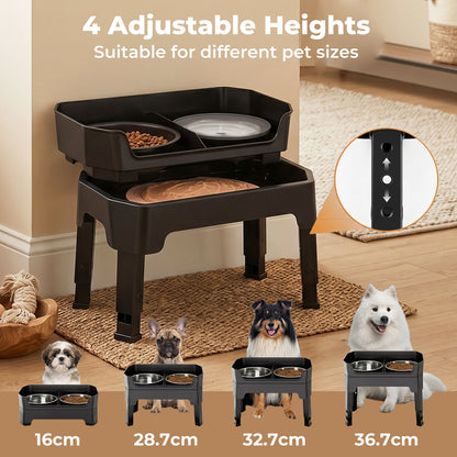Skylos Raised Dog Bowl 4-Height Adjustable Feeding Station Full Set 1600ml Black